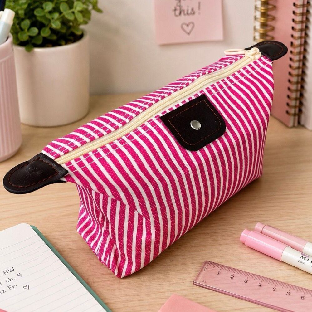 Pink & White Striped Canvas Zippered Pouch, Pencil Case or Travel Organizer Bag